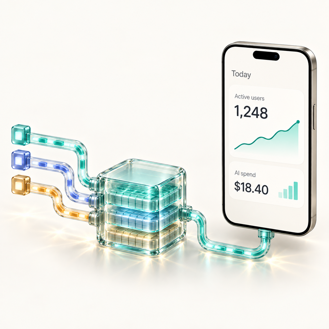 Three source pipelines flow into a layered glass data cell, then one output connects to a phone displaying active users and AI spend.